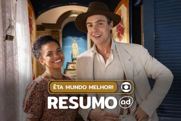 Candinho (Sergio Guizé ) e Dita (Jeniffer Nascimento) na arte do resumo de Êta Mundo Melhor!
