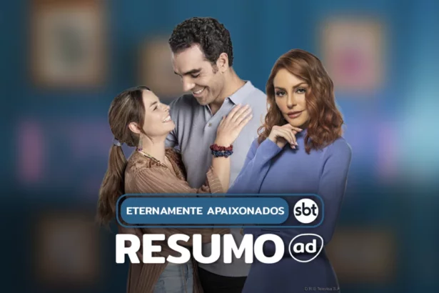 Casal de protagonistas se olham e sorriem. A vilã está ao lado com olhar frio e calculista. Eles estão na arte do resumo de Eternamente Apaixonados