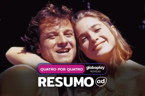 Casal de protagonistas se abraçam e sorriem na arte do resumo de Quatro Por Quatro no Globoplay Novelas