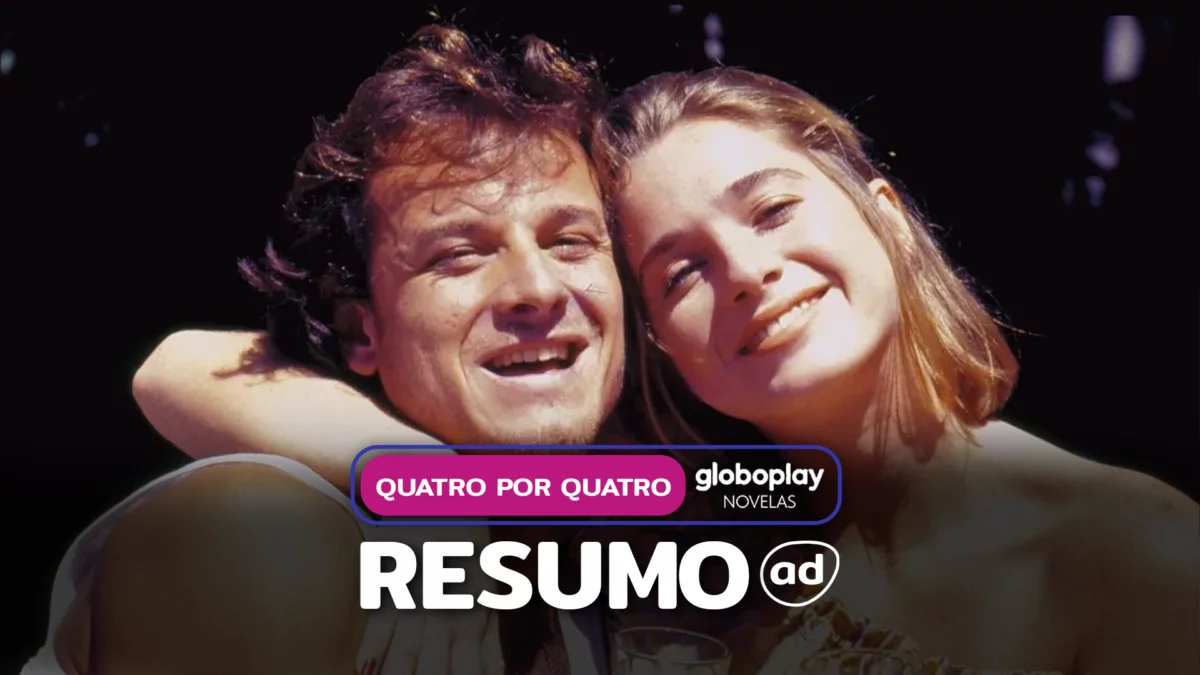 Casal de protagonistas se abraçam e sorriem na arte do resumo de Quatro Por Quatro no Globoplay Novelas