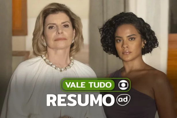 Odete Roitman ao lado de Maria de Fátima com semblantes sérios. Elas estão na arte do resumo de Vale Tudo