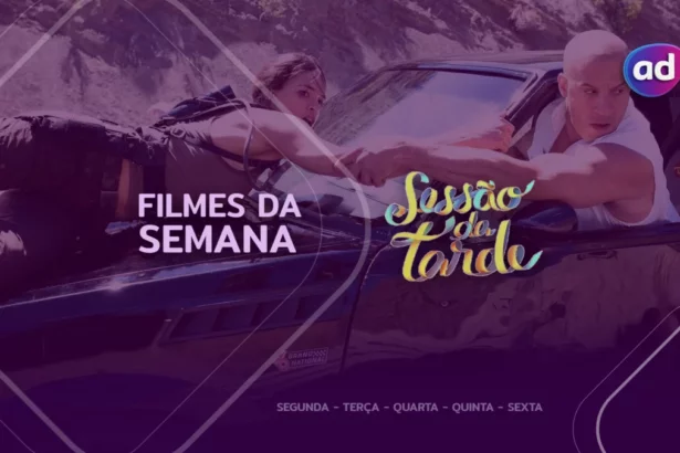 Mulher em cima do capô de um carro pega na mão de um homem que está dirigindo em cena do filme Velozes e Furiosos 4 na arte dos filmes da semana da Sessão da Tarde
