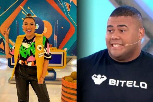 Thayse Teixeira em pé na frente do telão do Passa ou Repassa. Ela está sorrindo. Ao lado, na montagem, Bitelo faz cara de apreensivo no palco do Domingo Legal
