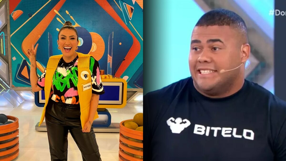 Thayse Teixeira em pé na frente do telão do Passa ou Repassa. Ela está sorrindo. Ao lado, na montagem, Bitelo faz cara de apreensivo no palco do Domingo Legal