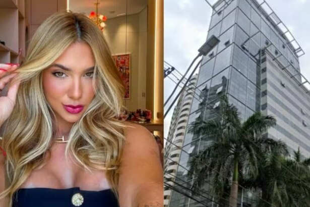 Virginia em montagem com o prédio comercial em Londrina