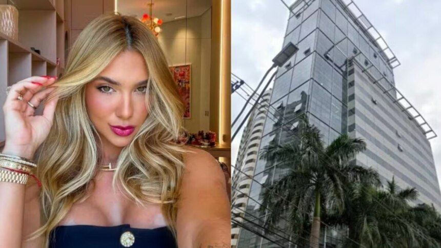 Virginia em montagem com o prédio comercial em Londrina