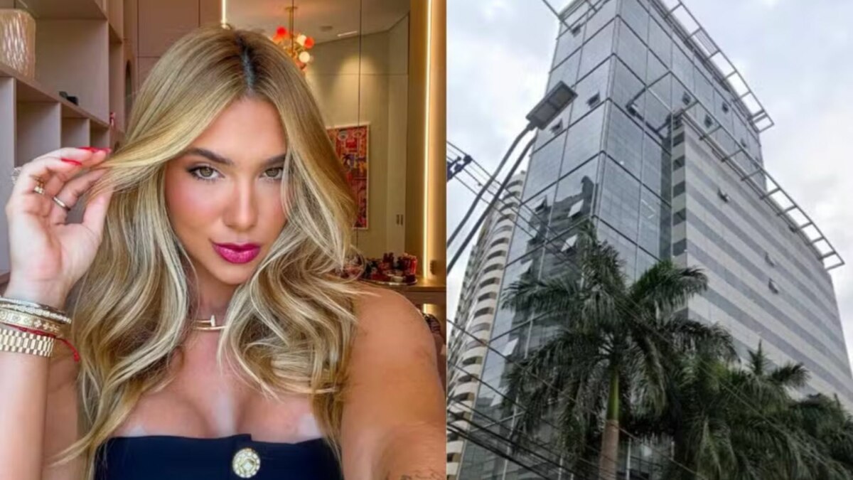 Virginia em montagem com o prédio comercial em Londrina