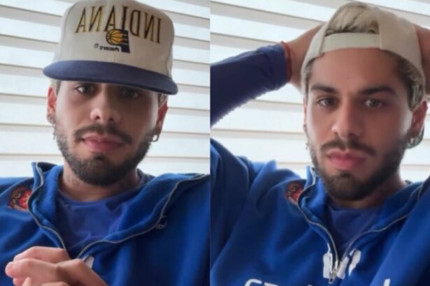 Zé Felipe em trechos do storie de agasalho azul e boné