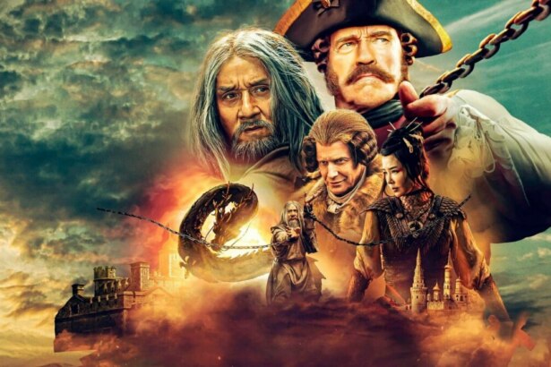Montagem promocional do filme A Máscara de Ferro, com destaque para os personagens interpretados por Jackie Chan, Arnold Schwarzenegger, Jason Flemyng e outros, em um cenário épico com castelos, céu nublado e efeitos de fogo e fumaça, sugerindo ação e fantasia