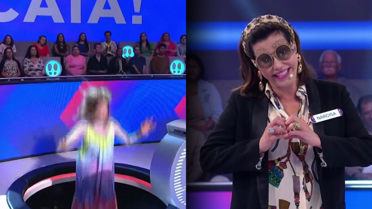 Alexia Dechamps cai no buraco enquanto Narcisa faz coração para amiga no cenário do Acerte ou Caia!