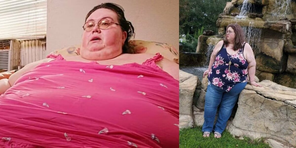 Jeanne em montagem com corpo obeso em um grande vestido rosa e depois com uma blusa florida e uma calça, bem mais magra