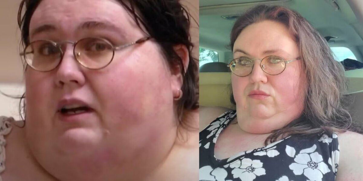 Jeanne, com papadas e rosto muito gordo quando participou do Quilos Mortais e depois, bem mais magra, com óculos de grau e roupa florida dentro de um carro