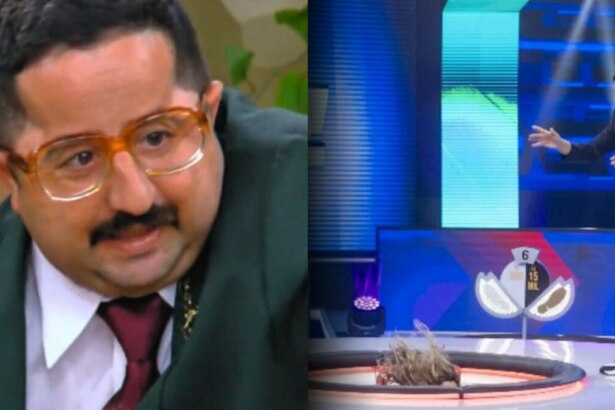 Humorista Bolachinha de óculos de grau e Tom Cavalcante olhando alguém cair no buraco do Acerte ou Caia!