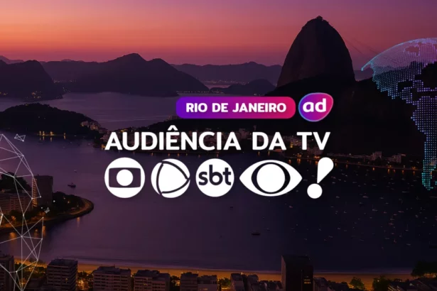 Logo das emissoras TV Globo, RECORD, SBT, Band e RedeTV! na arte dos consolidados de Audiência da TV. Ao fundo a vista aérea do pão de açúcar no Rio de Janeiro