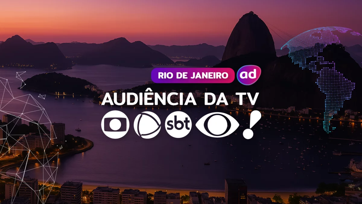 Logo das emissoras TV Globo, RECORD, SBT, Band e RedeTV! na arte dos consolidados de Audiência da TV. Ao fundo a vista aérea do pão de açúcar no Rio de Janeiro
