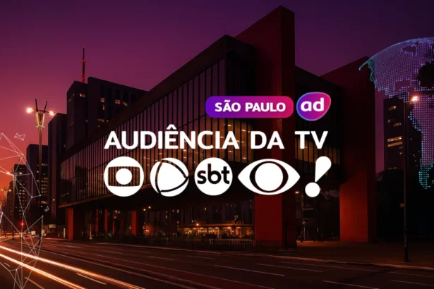 Logo das emissoras TV Globo, RECORD, SBT, Band e RedeTV! na arte dos consolidados de Audiência da TV. Ao fundo a vista do MASP em São Paulo
