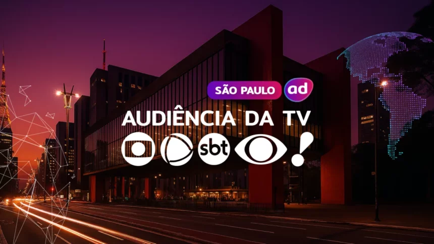 Logo das emissoras TV Globo, RECORD, SBT, Band e RedeTV! na arte dos consolidados de Audiência da TV. Ao fundo a vista do MASP em São Paulo