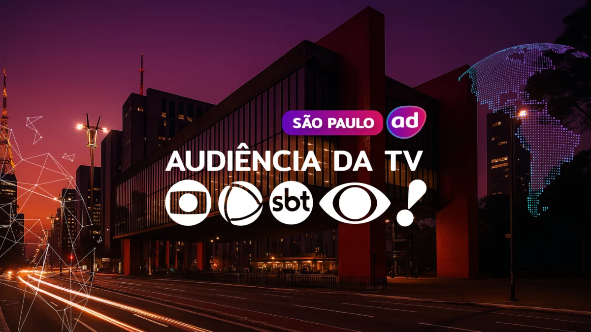 Logo das emissoras TV Globo, RECORD, SBT, Band e RedeTV! na arte dos consolidados de Audiência da TV. Ao fundo a vista do MASP em São Paulo