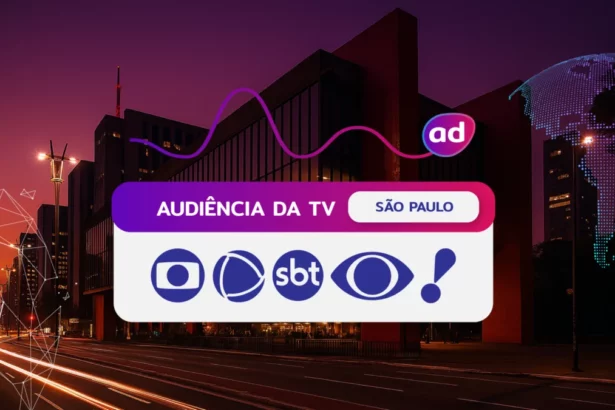 Logo das emissoras TV Globo, RECORD, SBT, Band e RedeTV! na arte dos consolidados de Audiência da TV. Ao fundo a vista do MASP em São Paulo