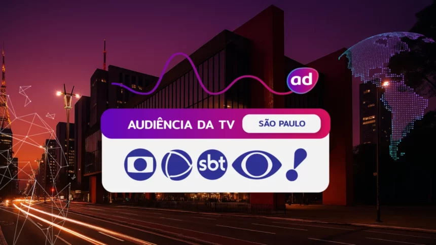 Logo das emissoras TV Globo, RECORD, SBT, Band e RedeTV! na arte dos consolidados de Audiência da TV. Ao fundo a vista do MASP em São Paulo