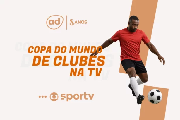 Homem negro jogando bola na arte da Copa do Muno de Clubes na TV com jogos na TV Globo e Sportv