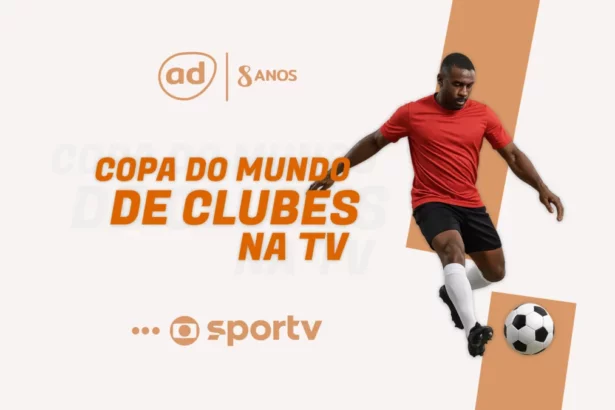 Homem negro jogando bola na arte da Copa do Muno de Clubes na TV com jogos na TV Globo e Sportv