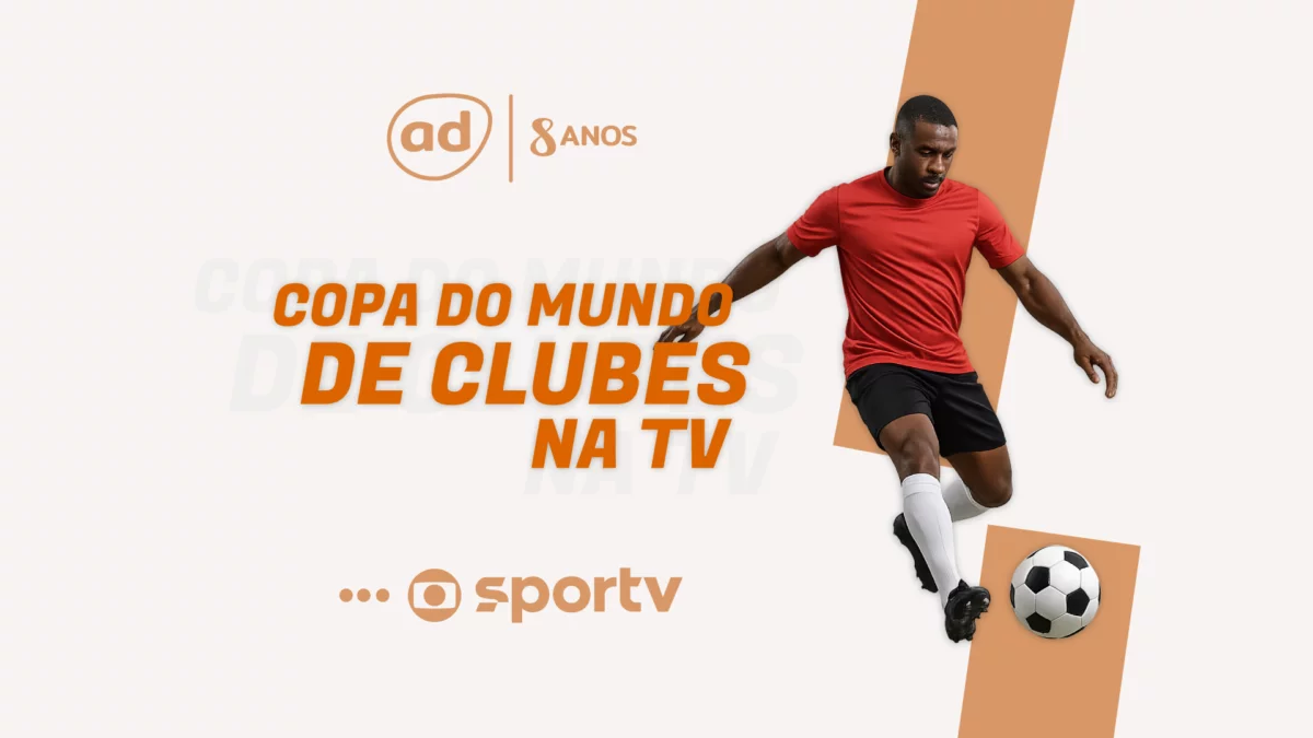 Homem negro jogando bola na arte da Copa do Muno de Clubes na TV com jogos na TV Globo e Sportv