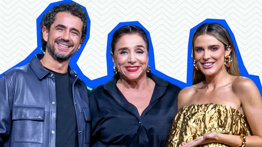 Marisa Orth, Rafa Brites e Felipe Andreoli abraçados e sorridentes em divulgação para o Hoje em Dia