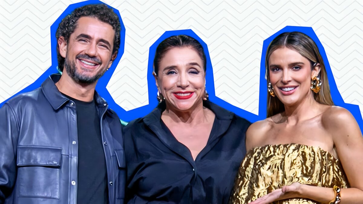 Marisa Orth, Rafa Brites e Felipe Andreoli abraçados e sorridentes em divulgação para o Hoje em Dia