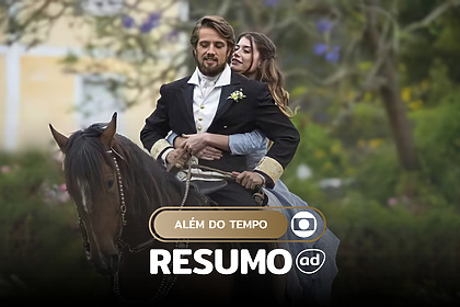 Felipe (Rafael Cardoso) e Lívia (Alinne Moraes) abraçados e sorridentes cavalgando na arte do resumo de Além do Tempo