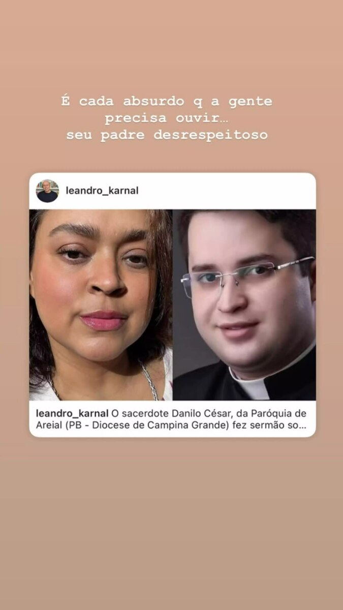 Print de Bela Gil rebatendo o padre Danilo César nos stories do Instagram