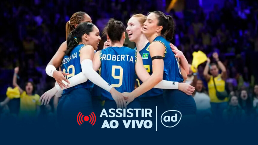 Jogadoras da Seleção Feminina de vôlei na arte onde assistir ao jogo Brasil x Alemanha