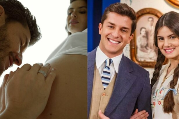 Klebber Toledo acariciando a barriga de Camila Queiroz, em uma montagem com o casal em Êta Mundo Bom!