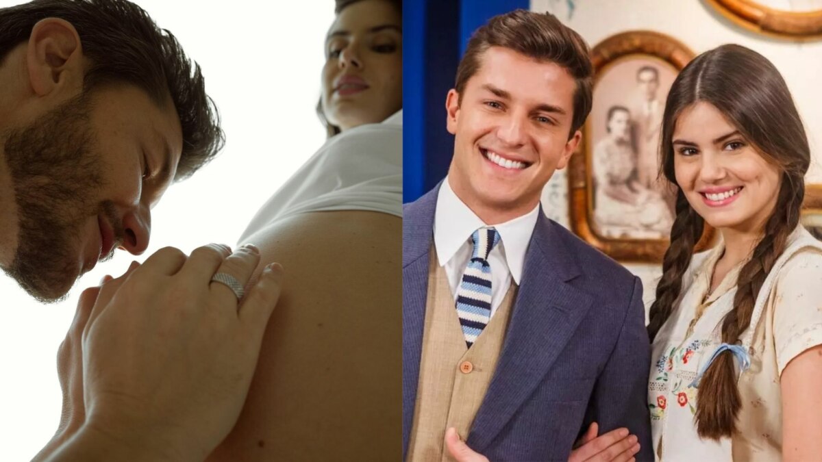 Klebber Toledo acariciando a barriga de Camila Queiroz, em uma montagem com o casal em Êta Mundo Bom!