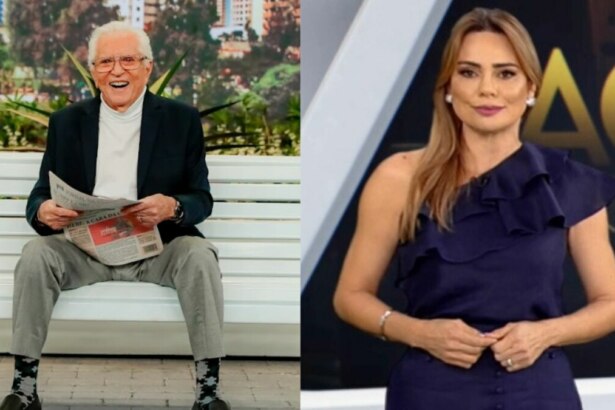 Carlos Alberto de Nóbrega sentando no banco da A Praça é Nossa, e Rachel Sheherazade, no cenário de Acumuladores, em uma montagem