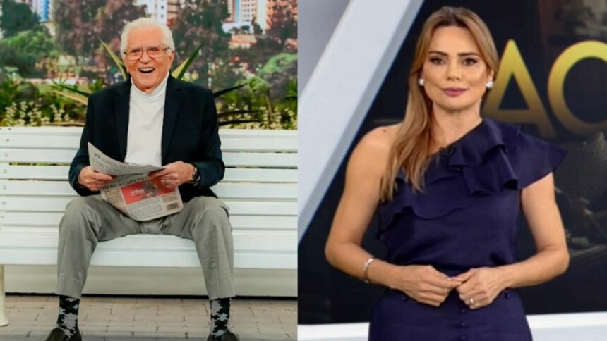 Carlos Alberto de Nóbrega sentando no banco da A Praça é Nossa, e Rachel Sheherazade, no cenário de Acumuladores, em uma montagem