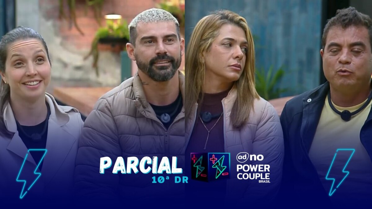 Carol e Radamés, Adriana e Dhomini na arte da parcial da enquete no Power Couple