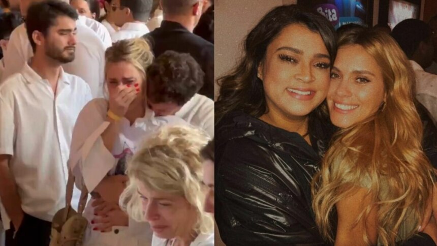 Carolina Dieckmann chora no velório de Preta Gil, em uma montagem com uam foto abraçando a cantora