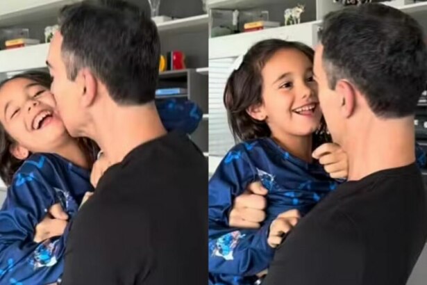 Cesar Trali, abraçando e beijando a filha Manuella, na celebração do aniversário de 6 anos
