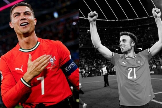 Cristiano Ronaldo e Diogo Jota em uma montagem com a camisa da Seleção de Portugal