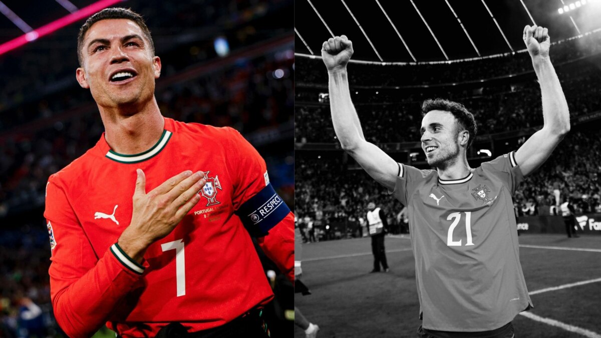 Cristiano Ronaldo e Diogo Jota em uma montagem com a camisa da Seleção de Portugal