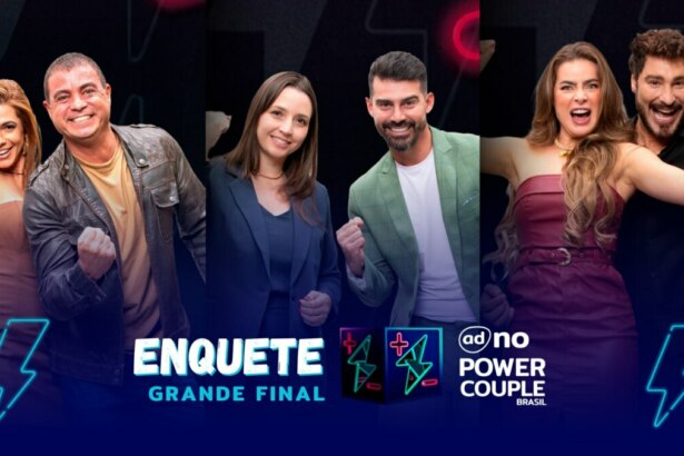 Adriana e Dhomini, Carol e Radamés, e Rayanne e Victor sorridentes na arte da enquete da final do Power Couple Brasil 7