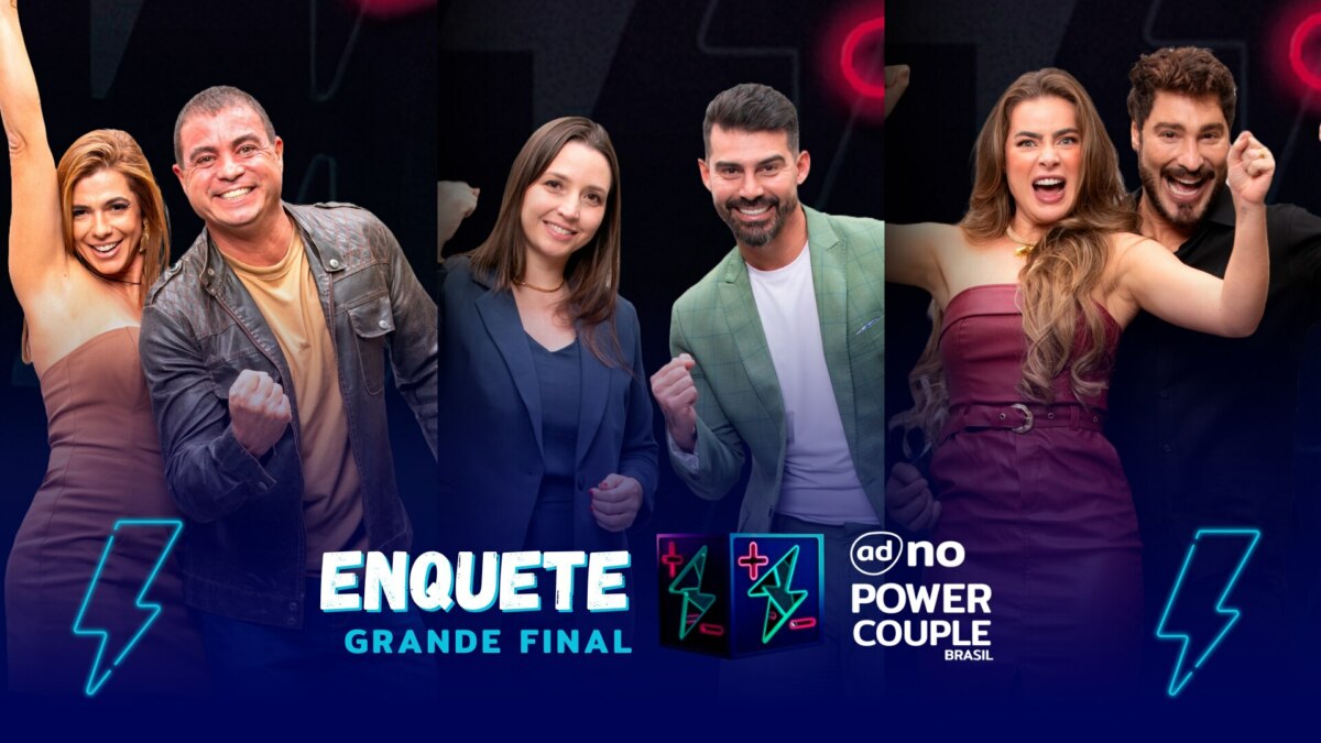 Adriana e Dhomini, Carol e Radamés, e Rayanne e Victor sorridentes na arte da enquete da final do Power Couple Brasil 7
