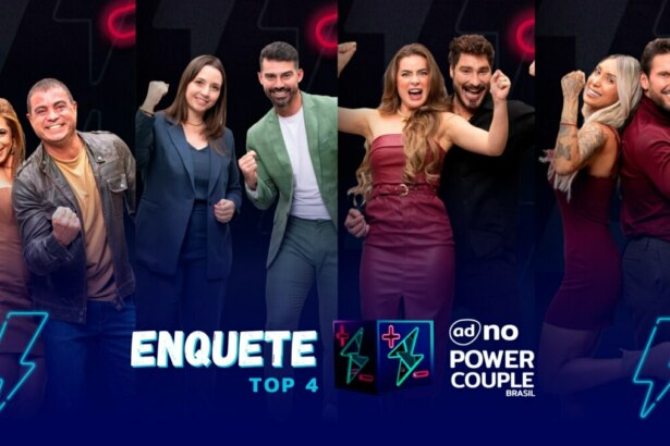 Adriana e Dhomini, Carol e Radamés, Rayanne e Victor, Tali e Pessina sorridentes no ensaio fotográfico do Power Couple Brasil. Eles estão na arte da enquete do Top 4