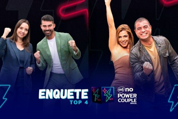 Carol e Radamés, Adriana e Dhomini sorridentes na arte da enquete do Top 4 do Power Couple Brasil 7
