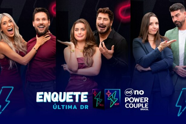 Tali e Pessina, Rayanne e Victor, Carol e Radamés com semblantes tristes na arte da enquete da última DR do Power Couple Brasil 7
