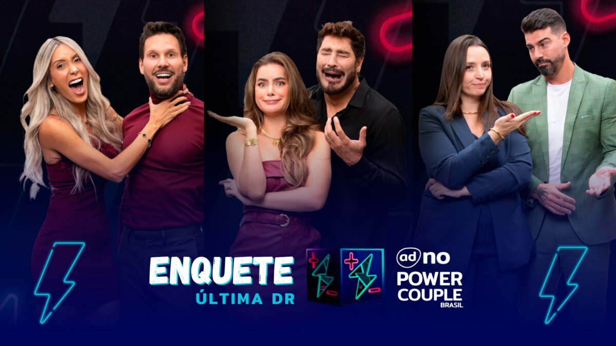 Tali e Pessina, Rayanne e Victor, Carol e Radamés com semblantes tristes na arte da enquete da última DR do Power Couple Brasil 7