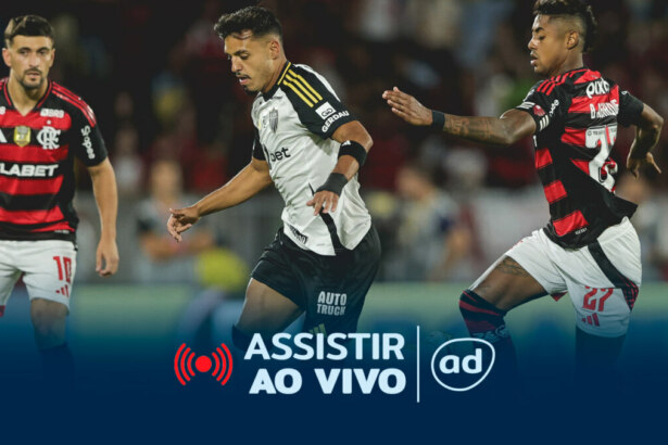 Jogadores em campo na arte onde assistir ao jogo Flamengo x Atlético pela Copa do Brasil