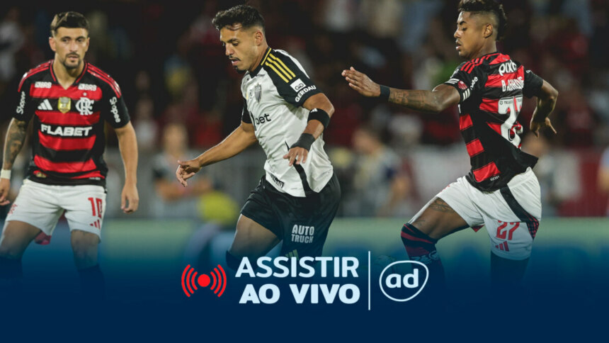 Jogadores em campo na arte onde assistir ao jogo Flamengo x Atlético pela Copa do Brasil