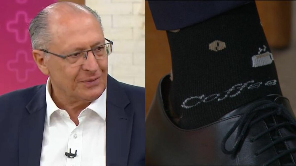 Geraldo Alckmin no Mais Você mostrando meia estilosa com a palavra "coffee"